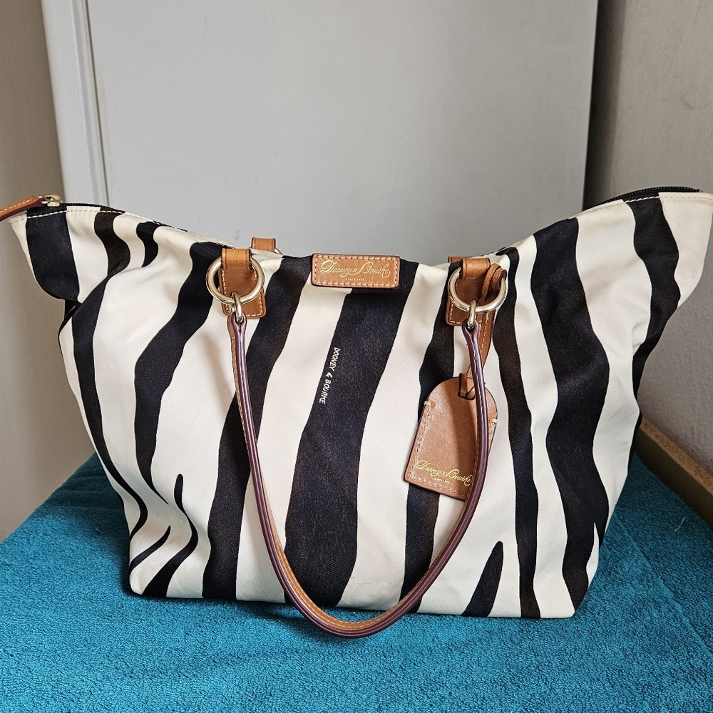 Dooney & Bourke Black and White Zebra Stripe Tote with Brown Leather Trim